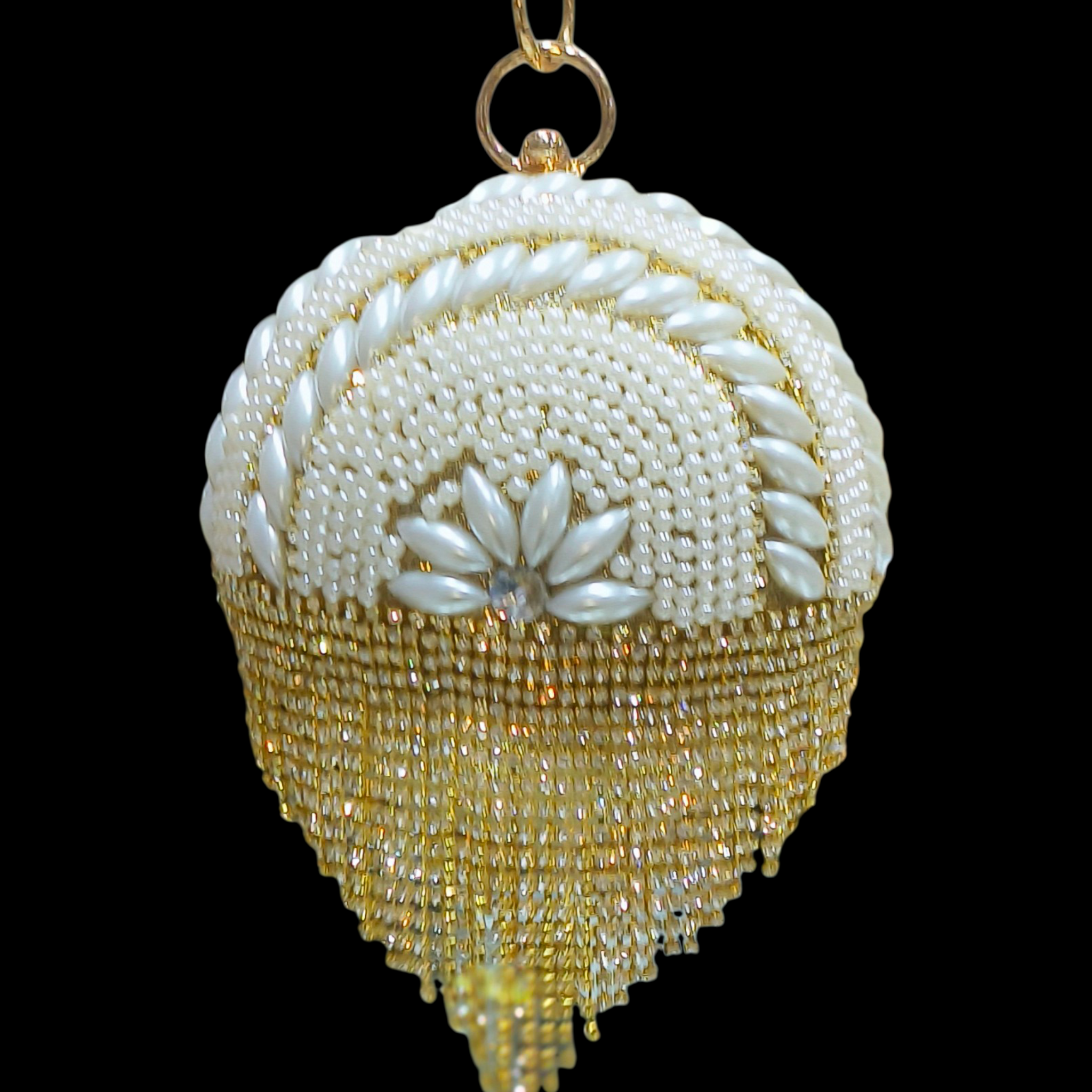 Pearl Embellished Circular Bridal Clutch With Crystal Hoop Handle
