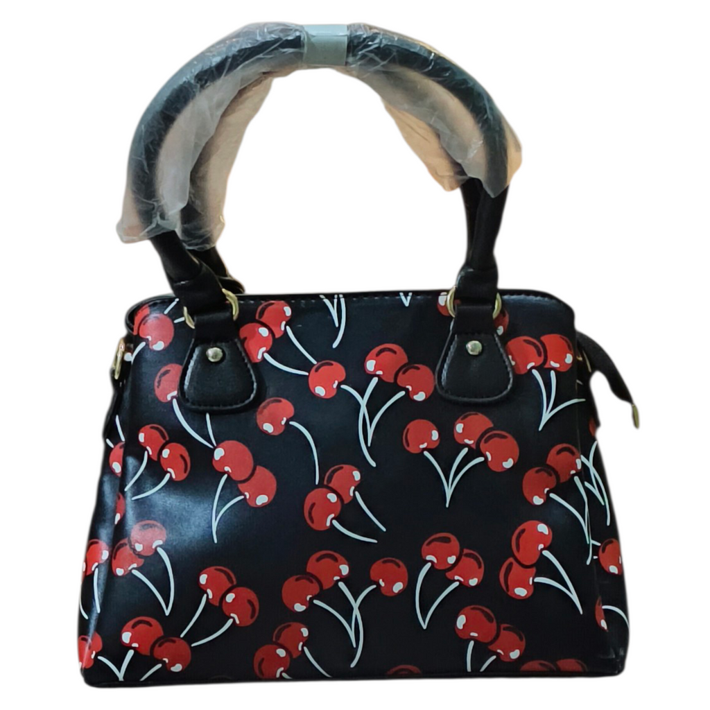Black Cherry Print Stylish Satchel Handbag for Women