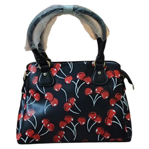 Black Cherry Print Stylish Satchel Handbag for Women