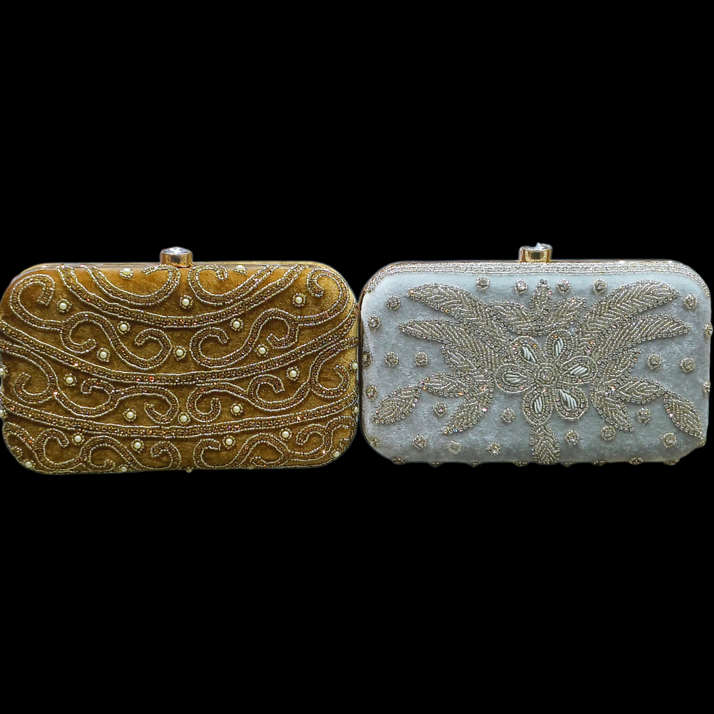 Velvet Beaded Party Clutch With Pearl & Stone Embellishments