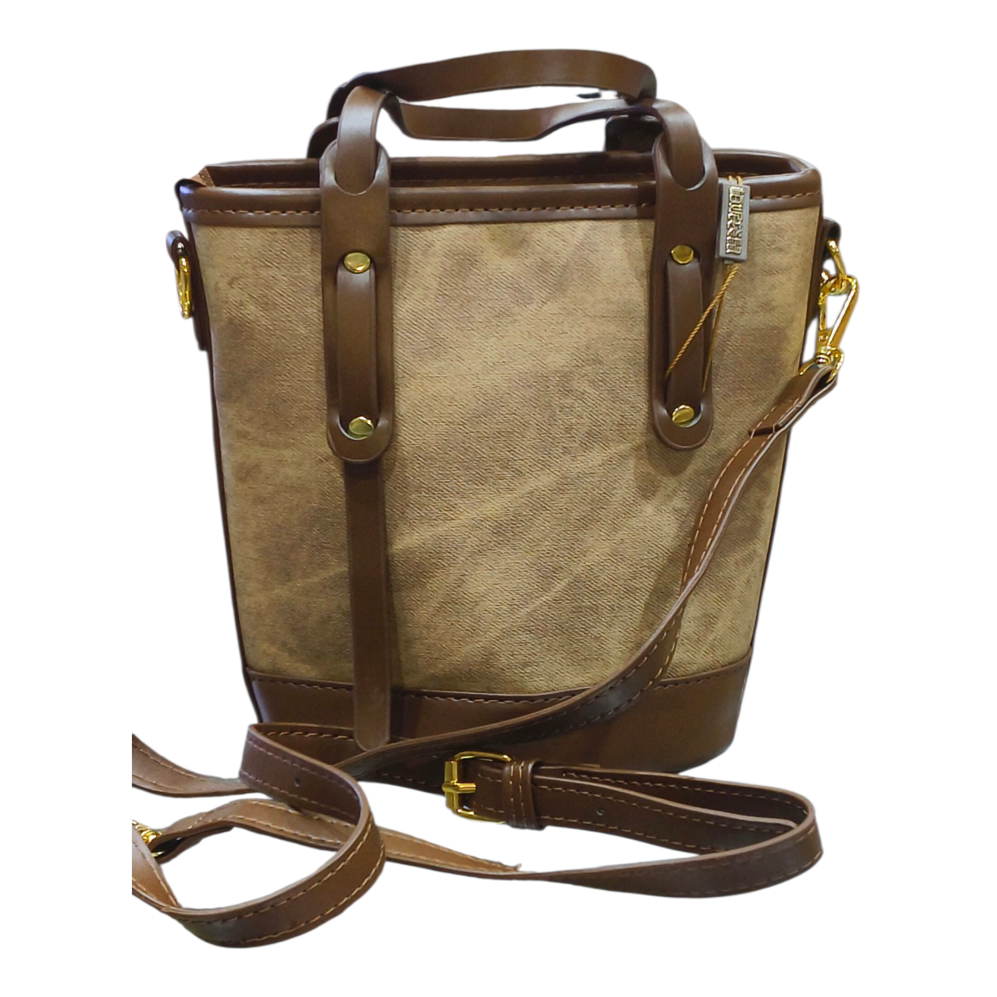 Beige Canvas Handbag with Keychain Charm for Women