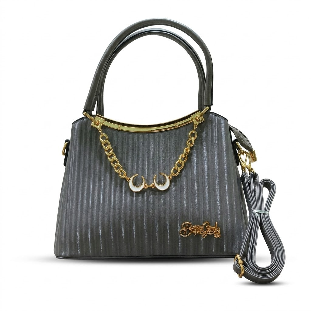 Striped Handbag for Women with Chain & Strap – Grey