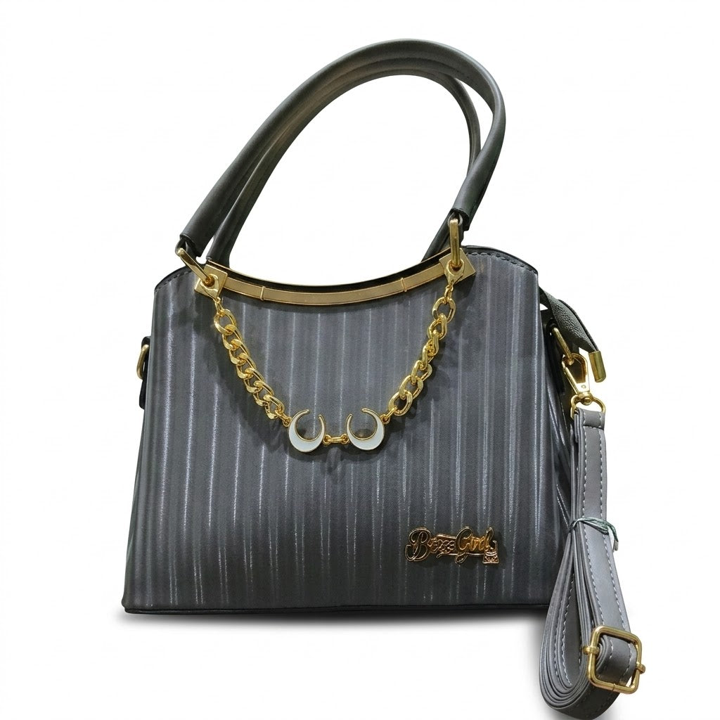 Striped Handbag for Women with Chain & Strap – Grey