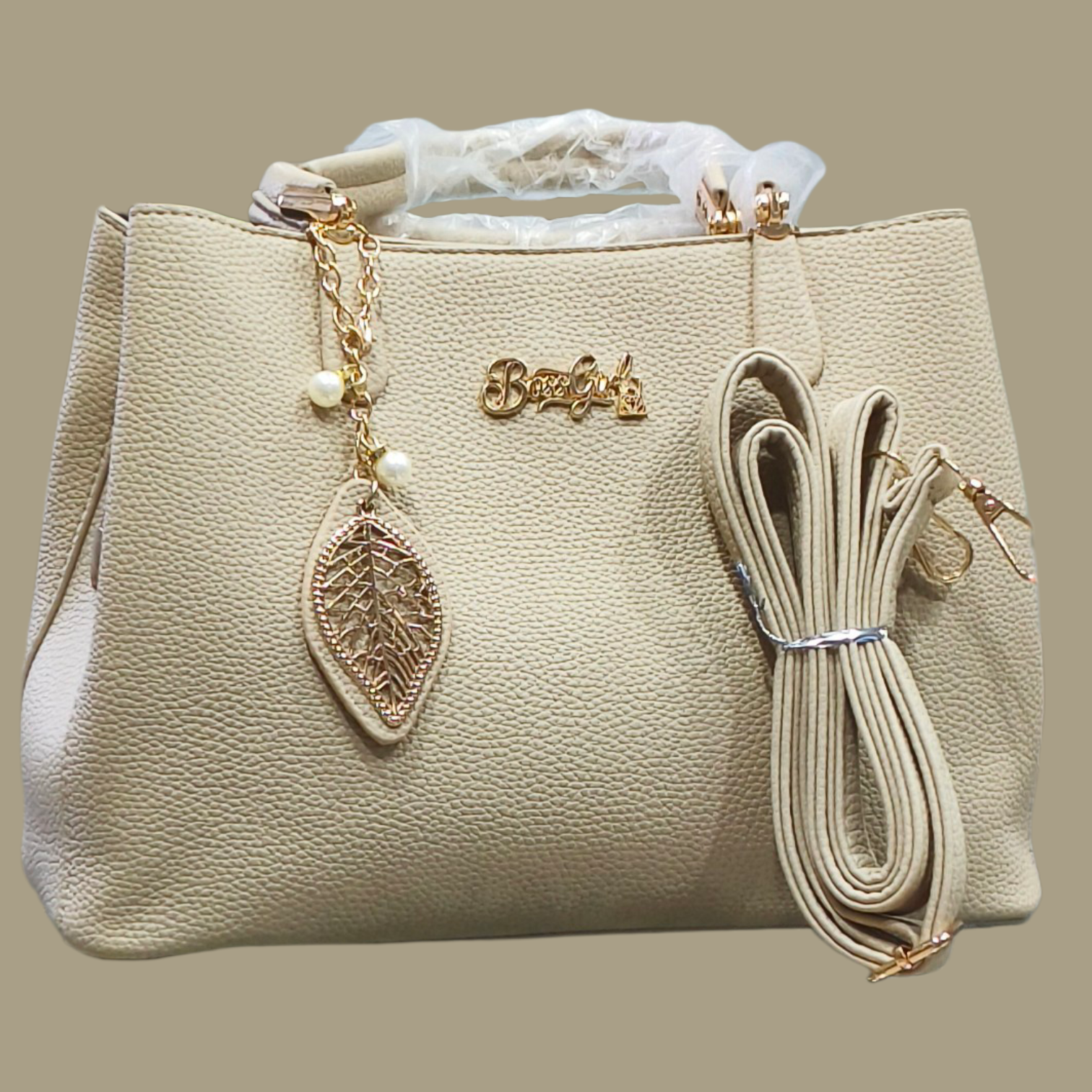 Beige Stylish Handbag with Pearl Chain Detail for Women