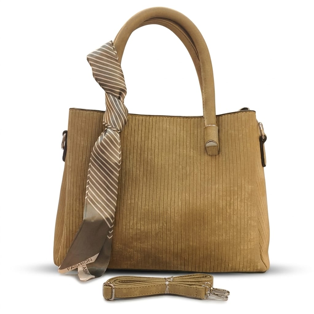 Elegant Golden Beige Corduroy Handbag for Women with Scarf Handle