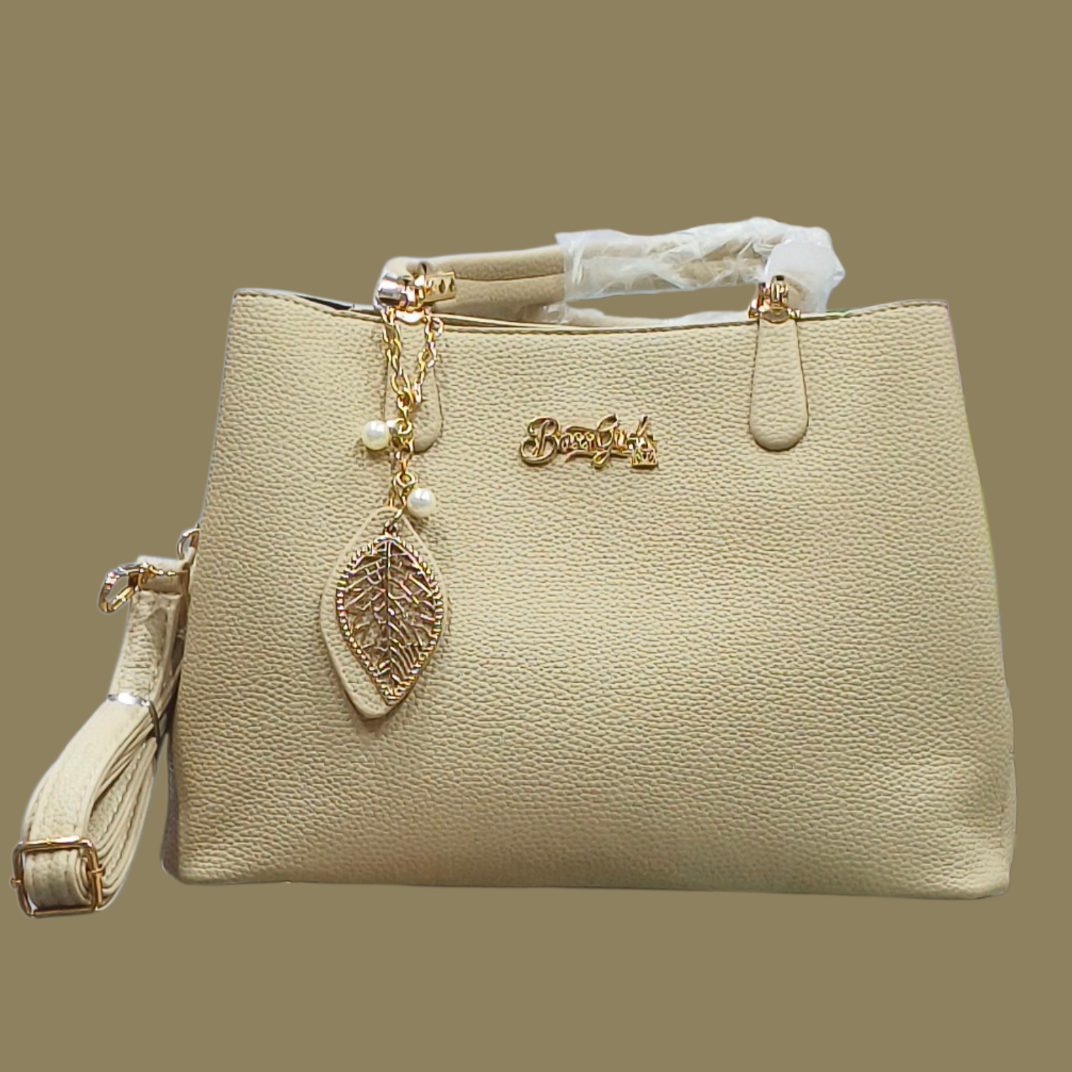 Beige Stylish Handbag with Pearl Chain Detail for Women