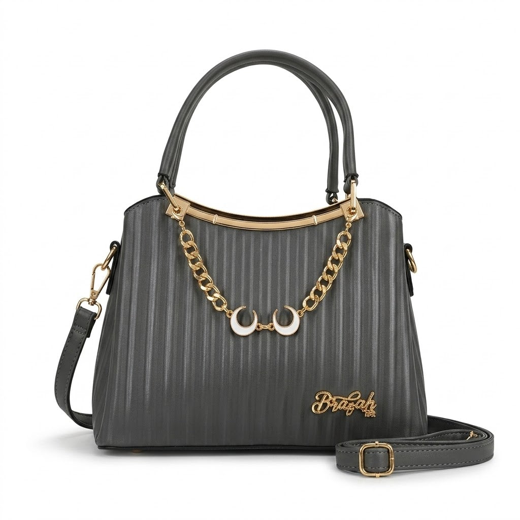 Striped Handbag for Women with Chain & Strap – Grey