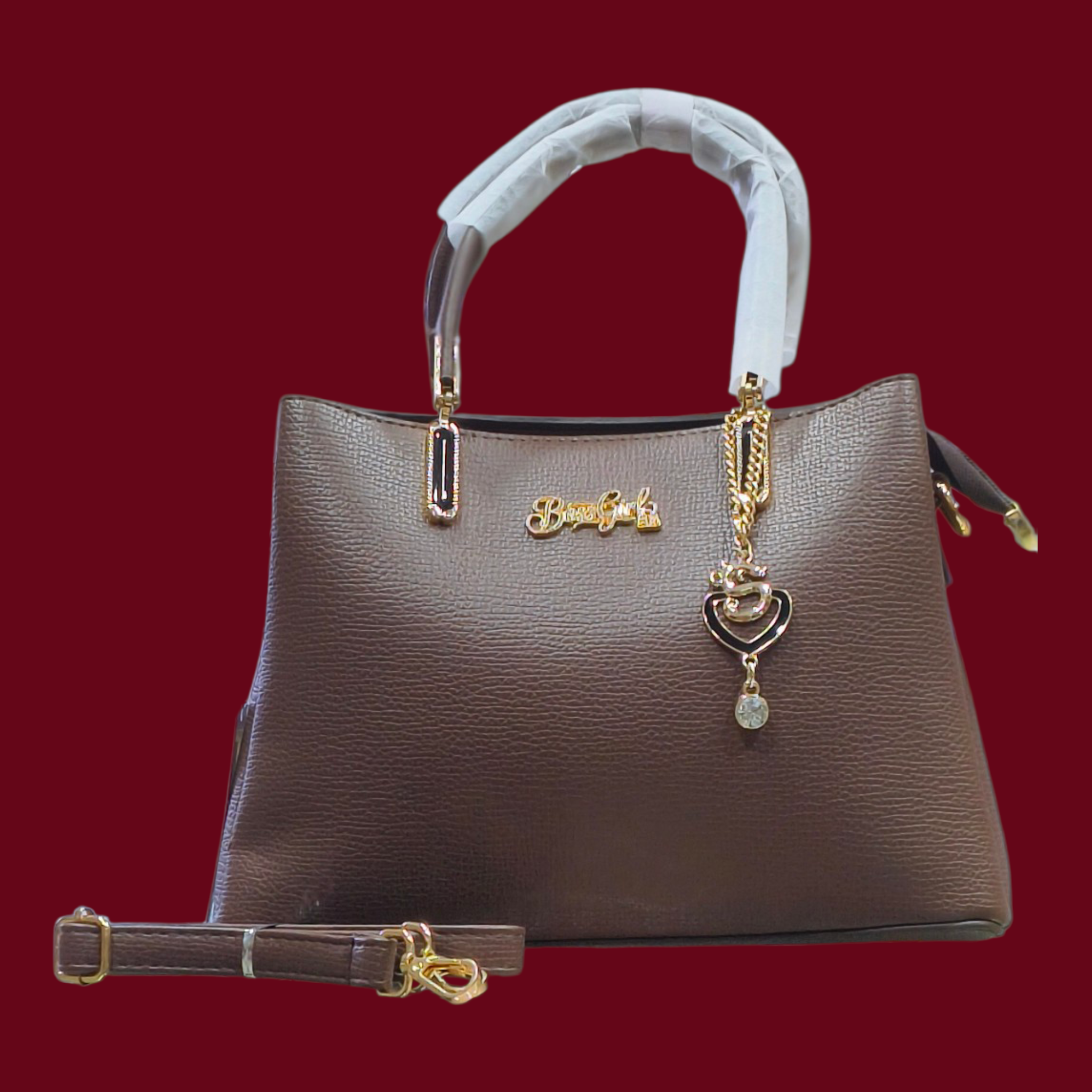 Brown Stylish Handbag with Chain Strap & Pendant for Women