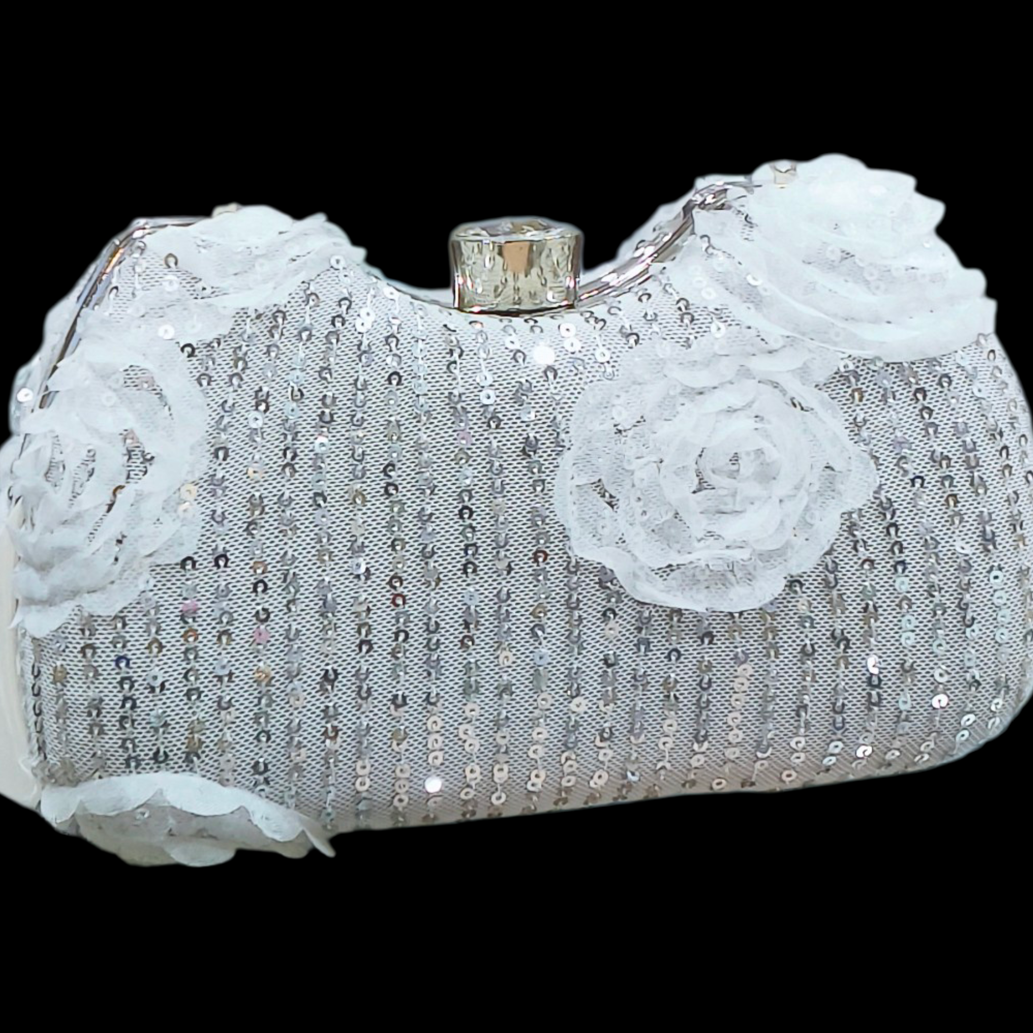 Sequined Curved Evening Clutch With Lace Rose Detailing