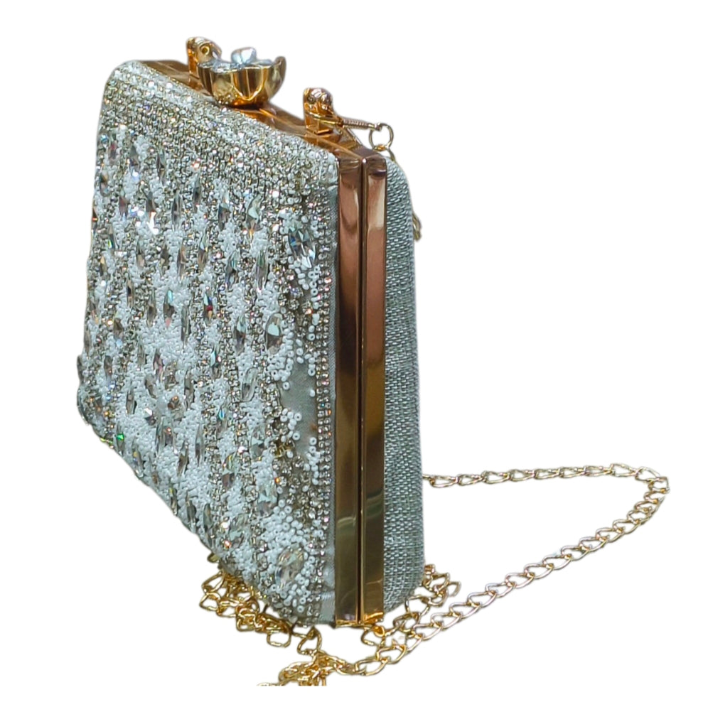 Pearl Crystal Embellished Party Clutch