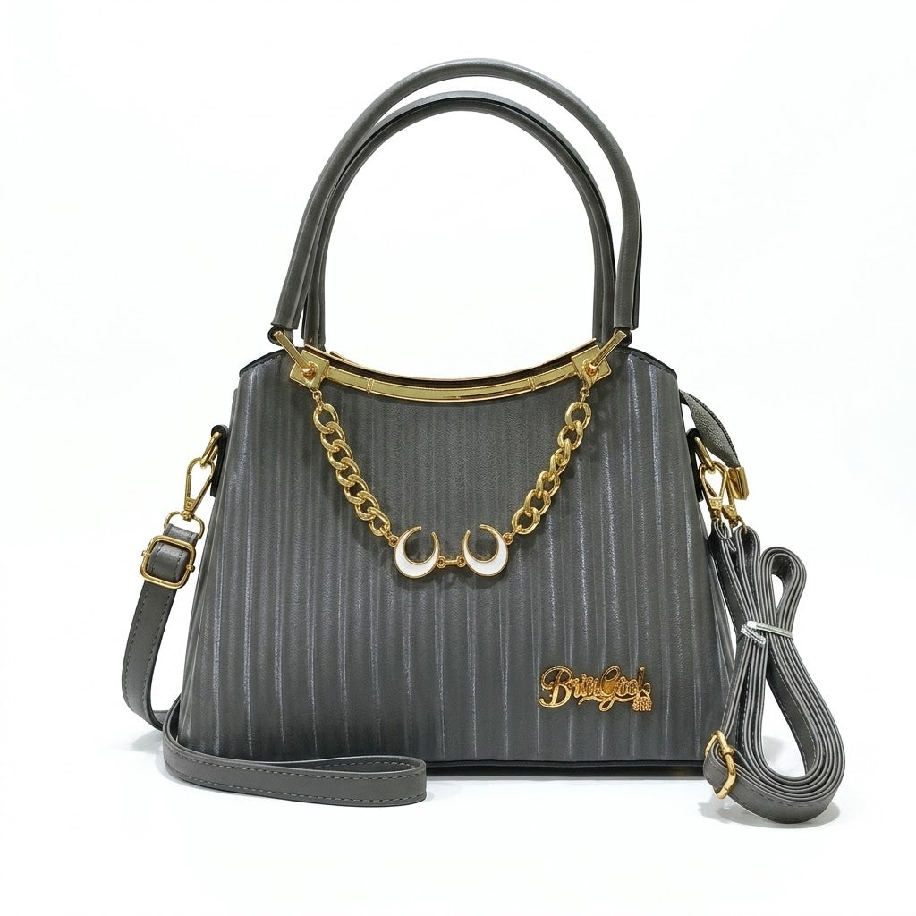 Striped Handbag for Women with Chain & Strap – Grey