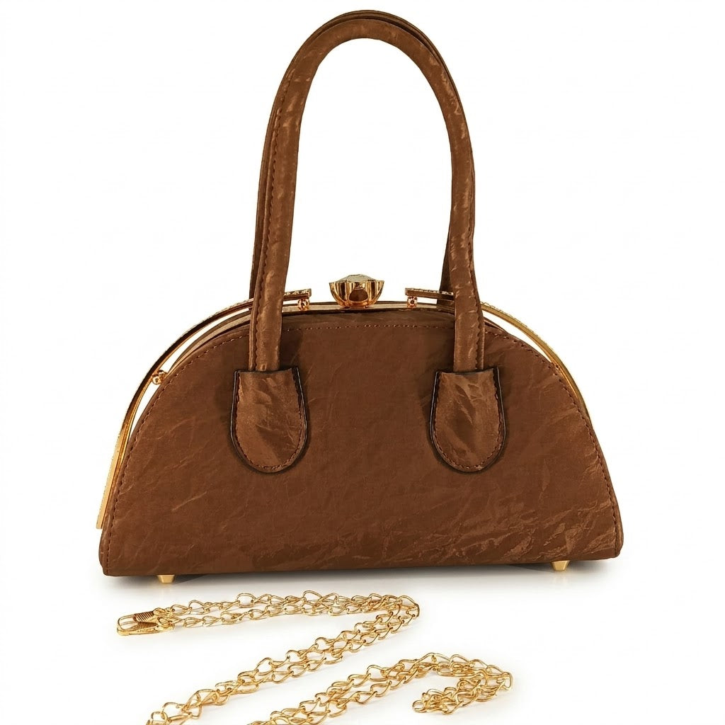 Luxury Velvet PU Handbag for Women with Crystal Clasp – Brown