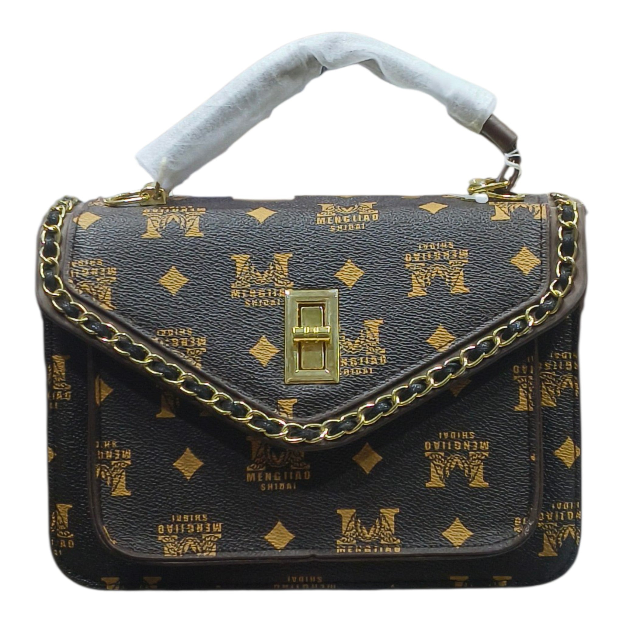 Monogram Print Sling Bag With Gold Clasp Detailing