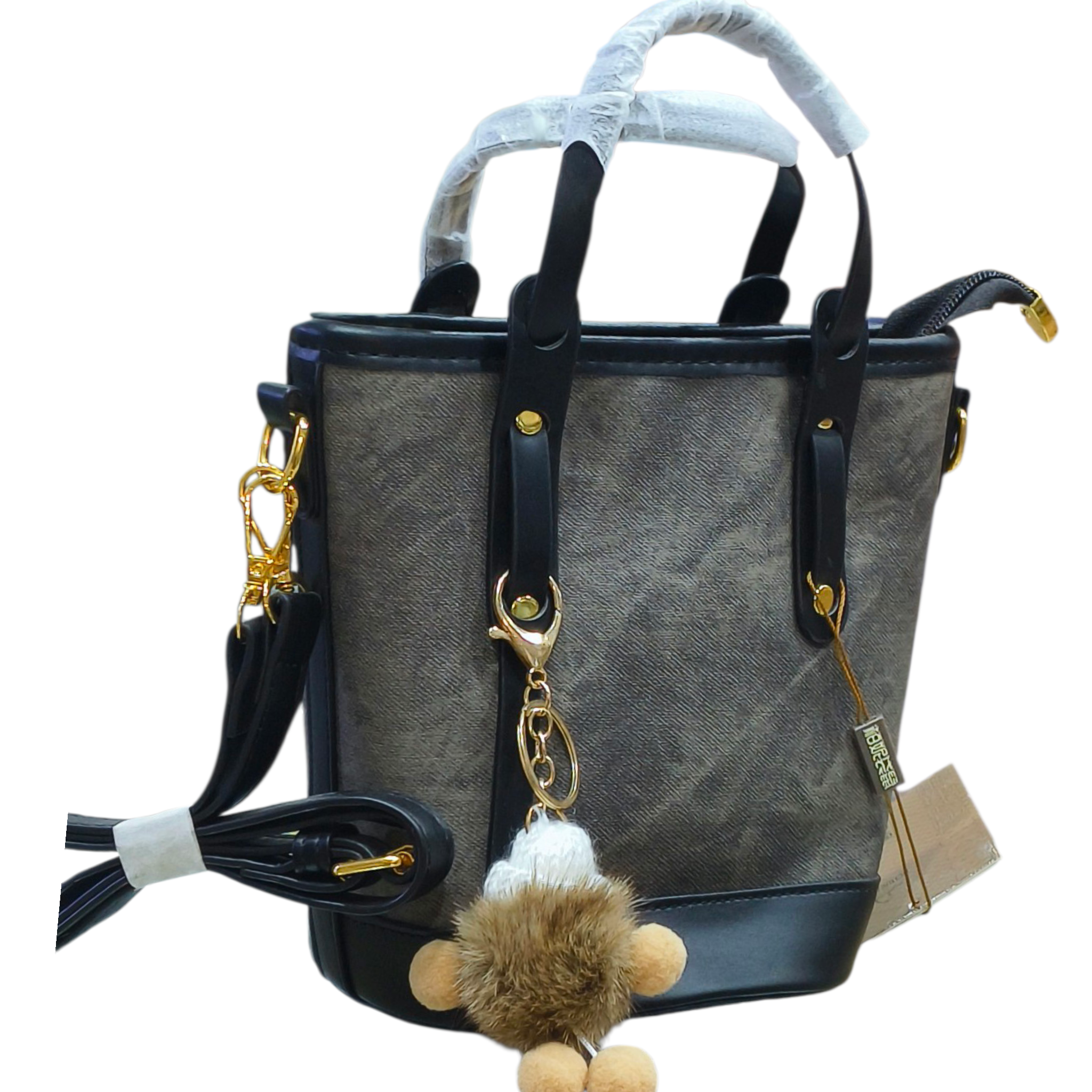 Beige Canvas Handbag with Keychain Charm for Women