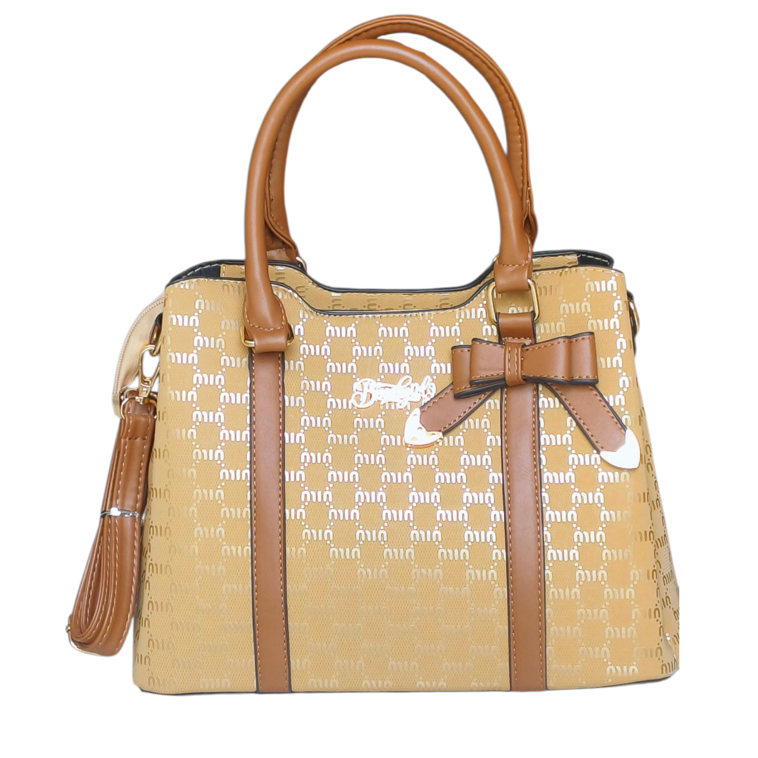 Beige-Gold Monogram Handbag with Bow Detail & Dual Strap for Women
