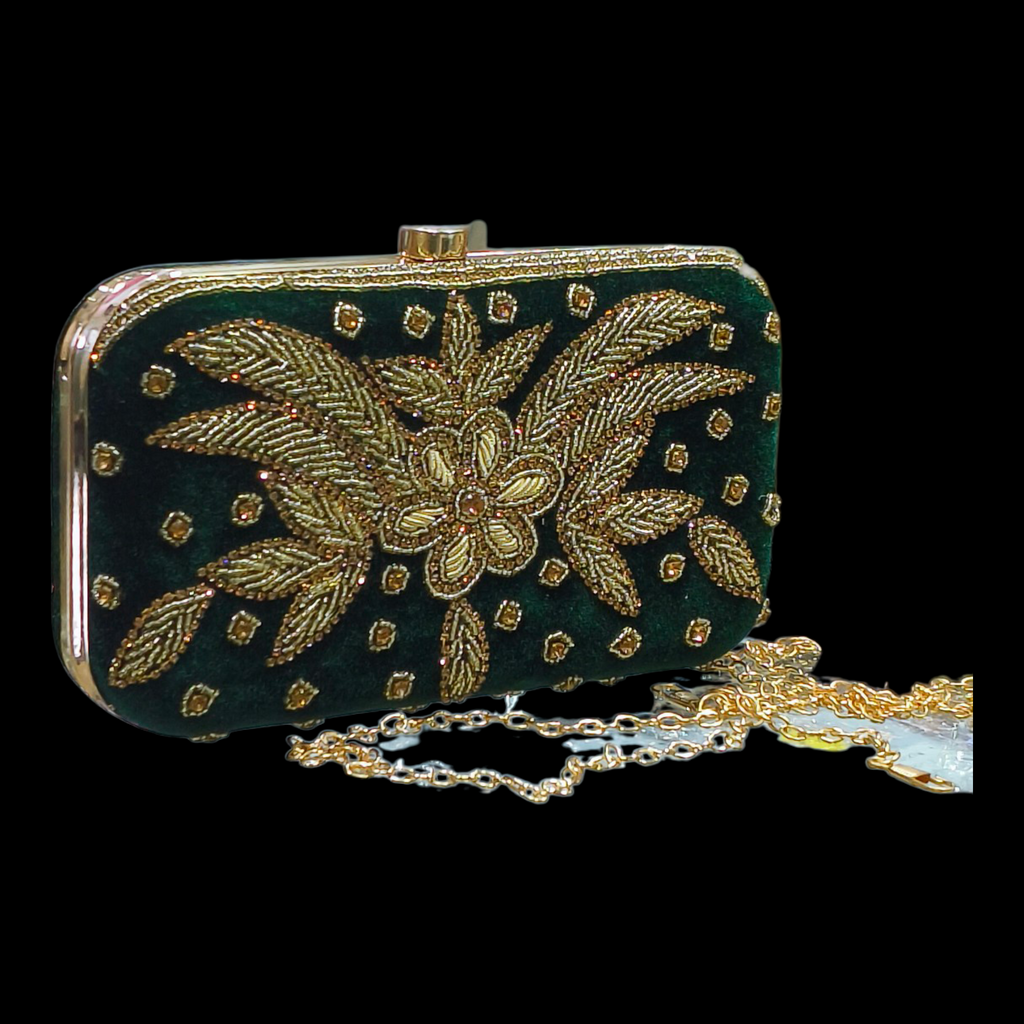 Velvet Beaded Party Clutch With Pearl & Stone Embellishments