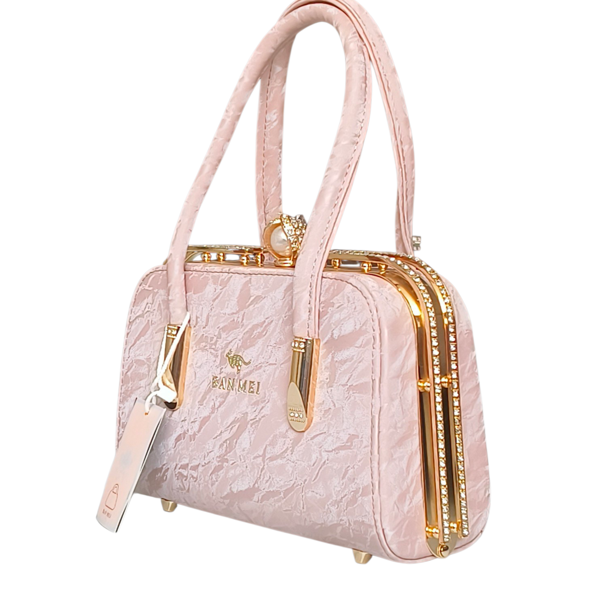 Elegant Pink Faux Leather Handbag with Lace Overlay & Pearl Lock for Women