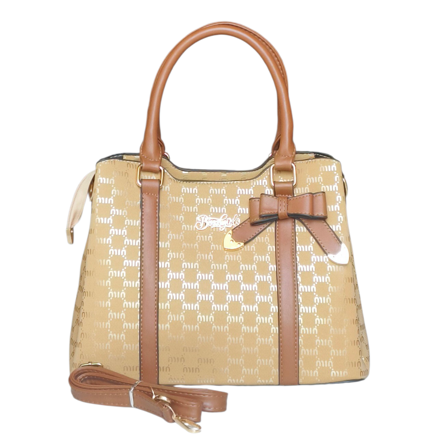 Beige-Gold Monogram Handbag with Bow Detail & Dual Strap for Women