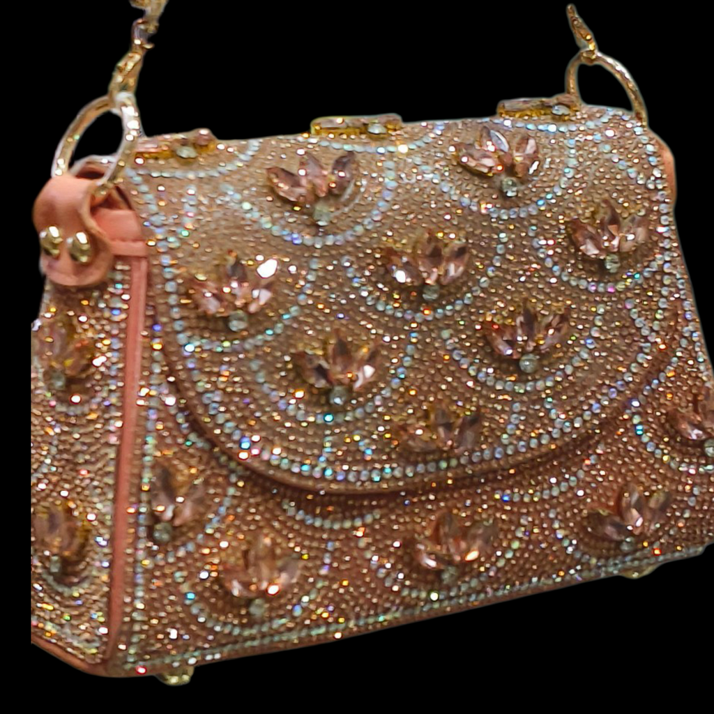 Peach Gold Rhinestone Pearl Embellished Sling Purse