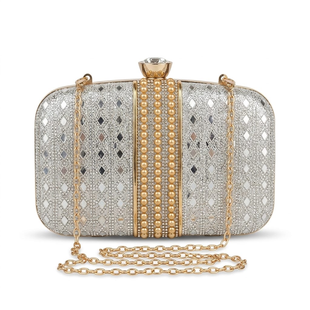 White Party Clutch with Stone & Pearl Detail for Women