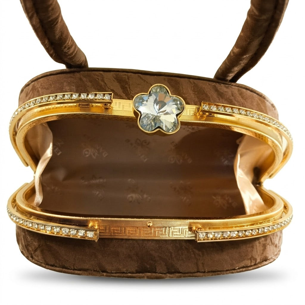 Luxury Velvet PU Handbag for Women with Crystal Clasp – Brown