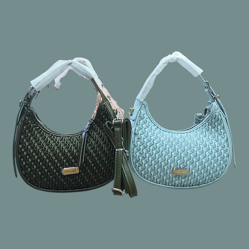 light pink, woven-textured
shoulder bag with a silver-toned metal
