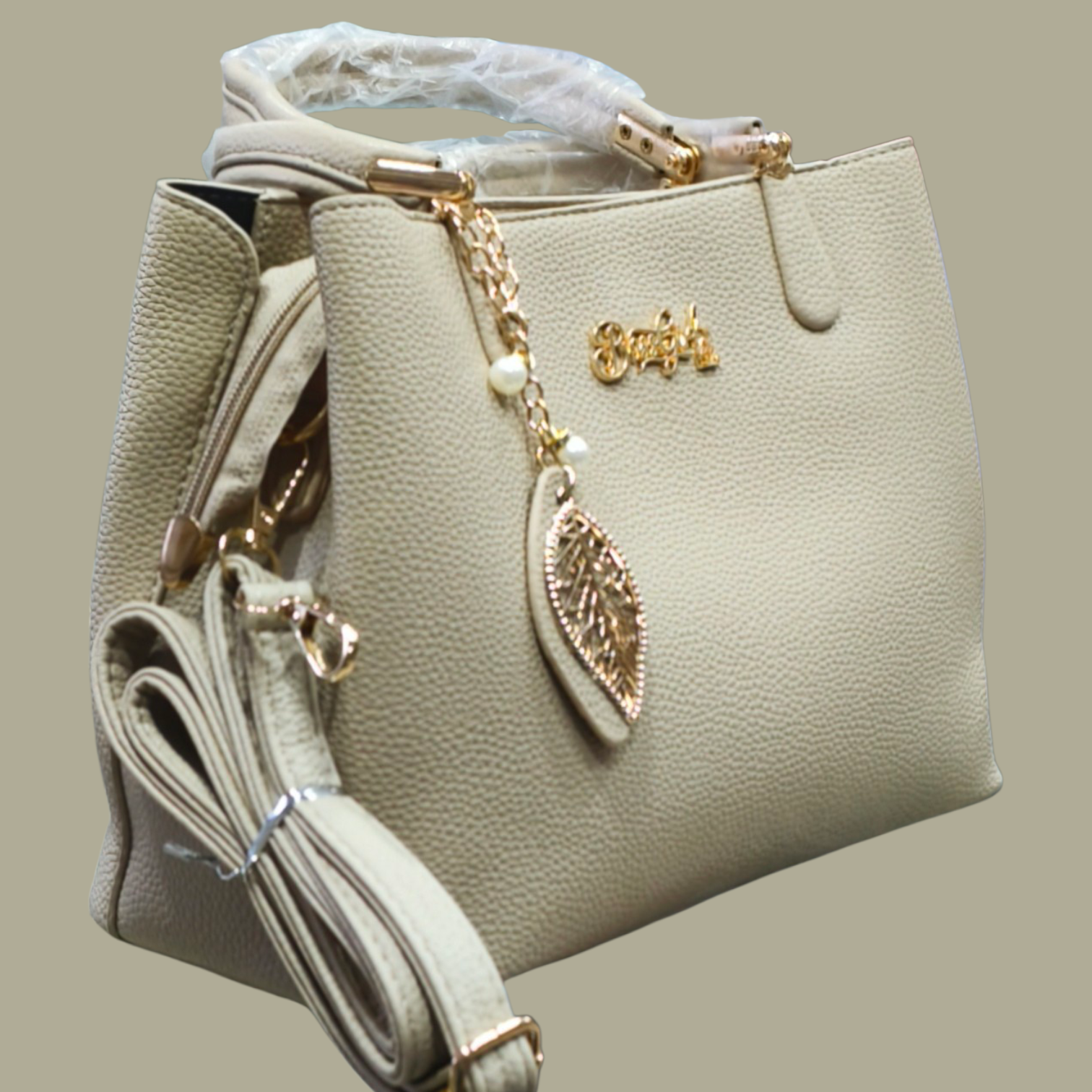 Beige Stylish Handbag with Pearl Chain Detail for Women