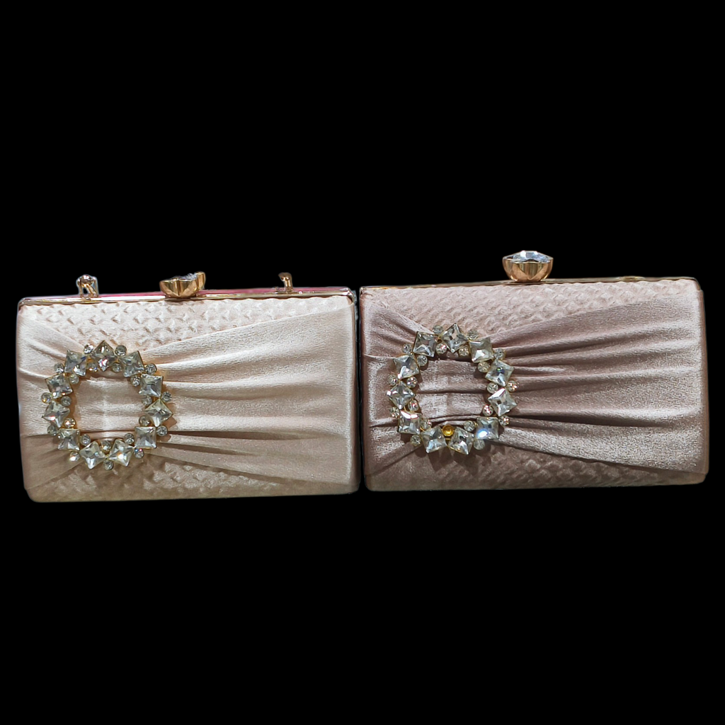 Champagne Satin Evening Clutch With Gemstone Clasp