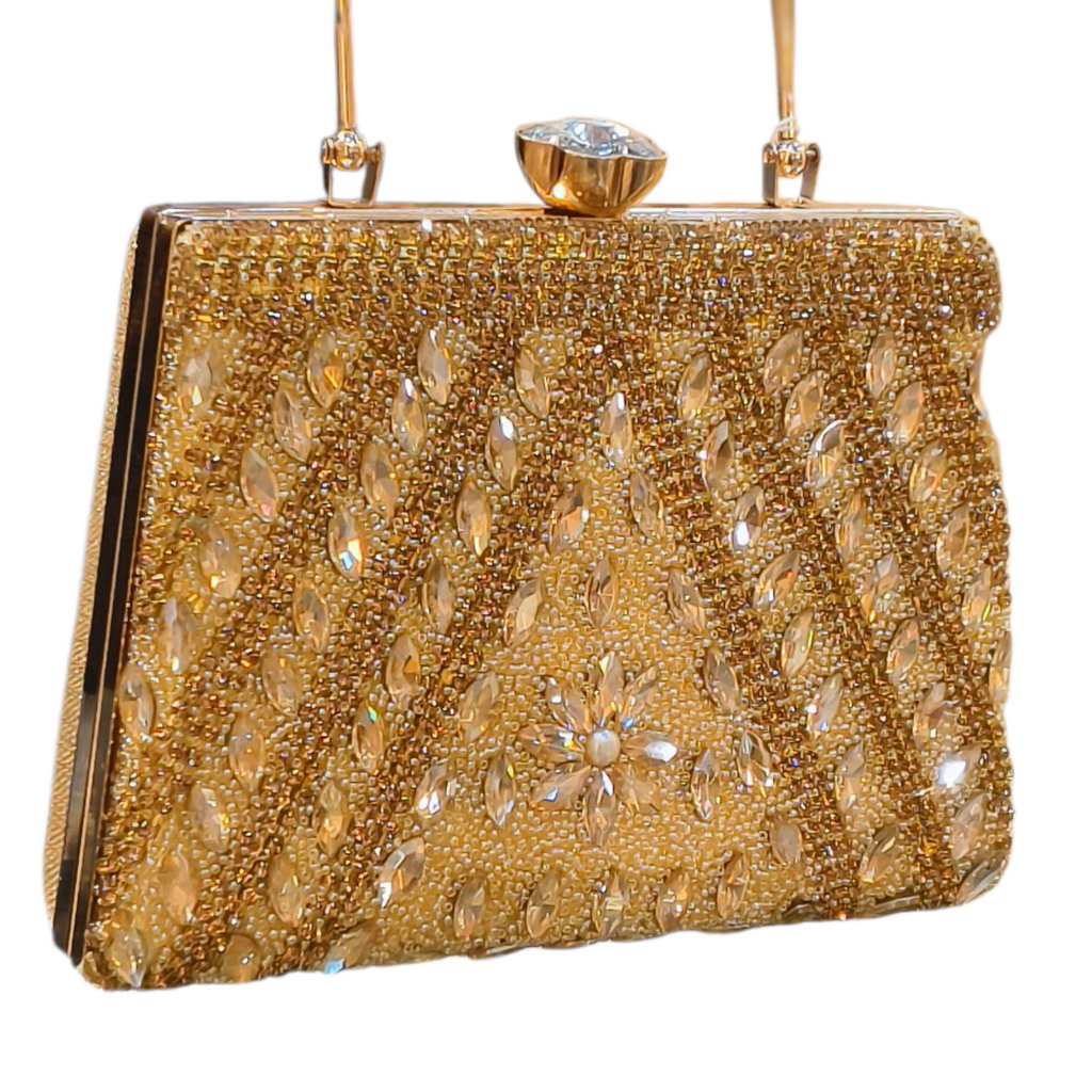 Golden Party Clutch with Crystal & Bead Work for Women