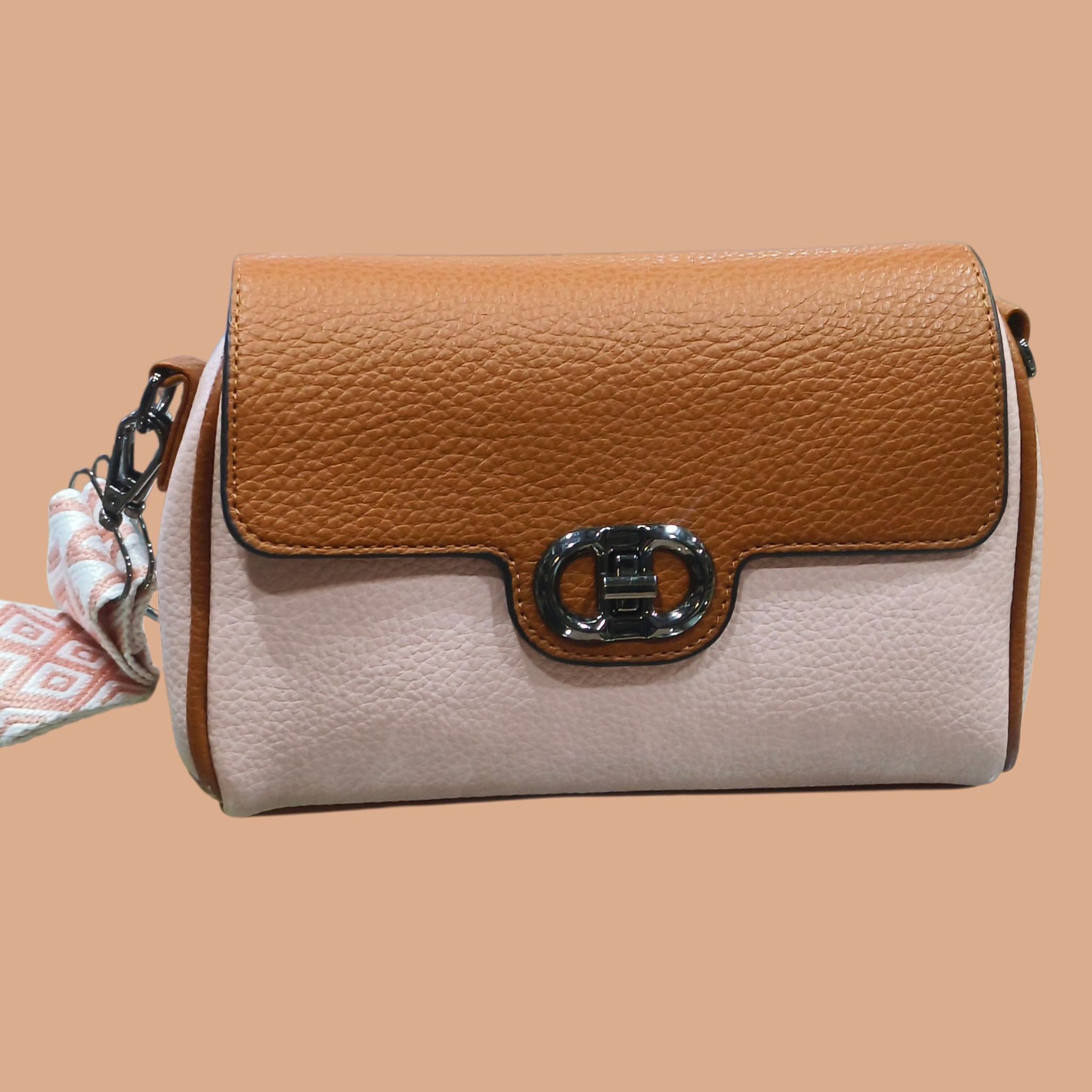 Two-Tone Casual Sling Bag With Chevron Strap & Gold Clasp