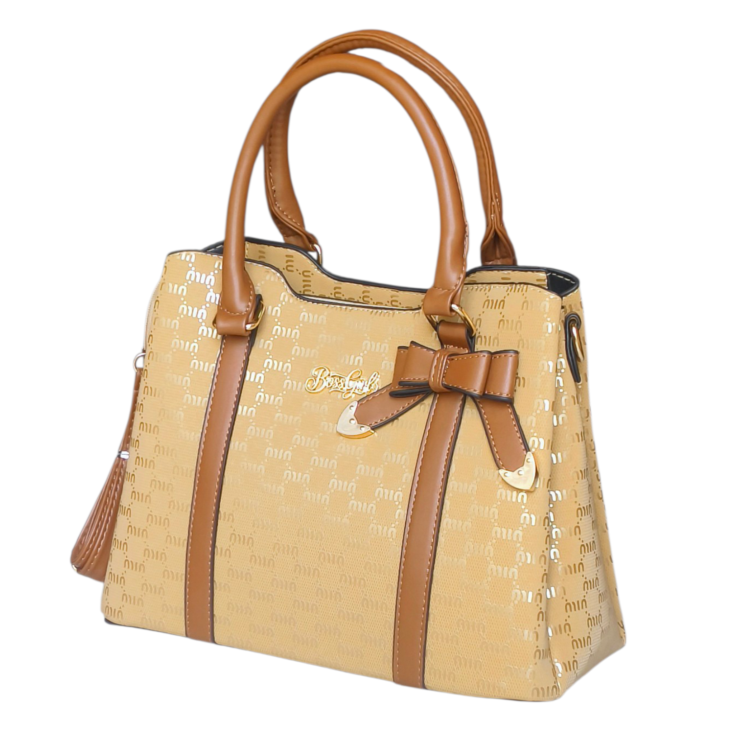 Beige-Gold Monogram Handbag with Bow Detail & Dual Strap for Women