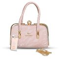 Elegant Pink Faux Leather Handbag with Lace Overlay & Pearl Lock for Women