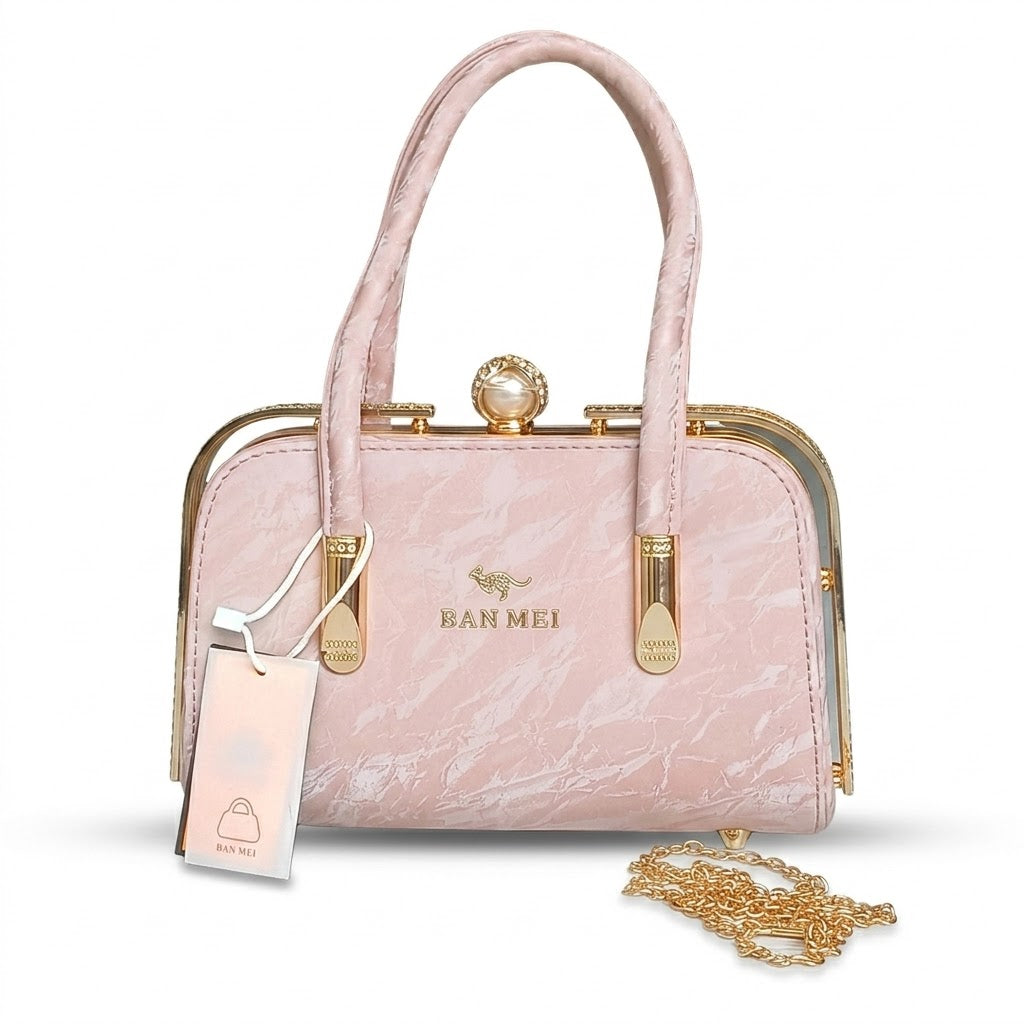 Elegant Pink Faux Leather Handbag with Lace Overlay & Pearl Lock for Women