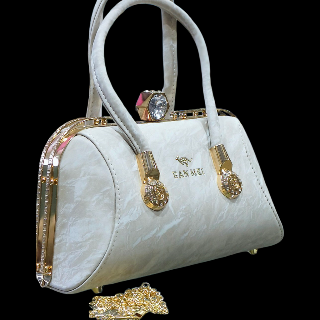 White Marble Texture Handbag with Gold Frame for Women