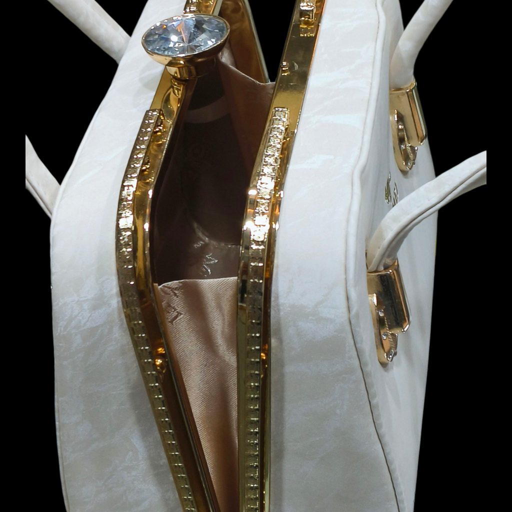 White Stylish Clutch Handbag with Gold Chain for Women