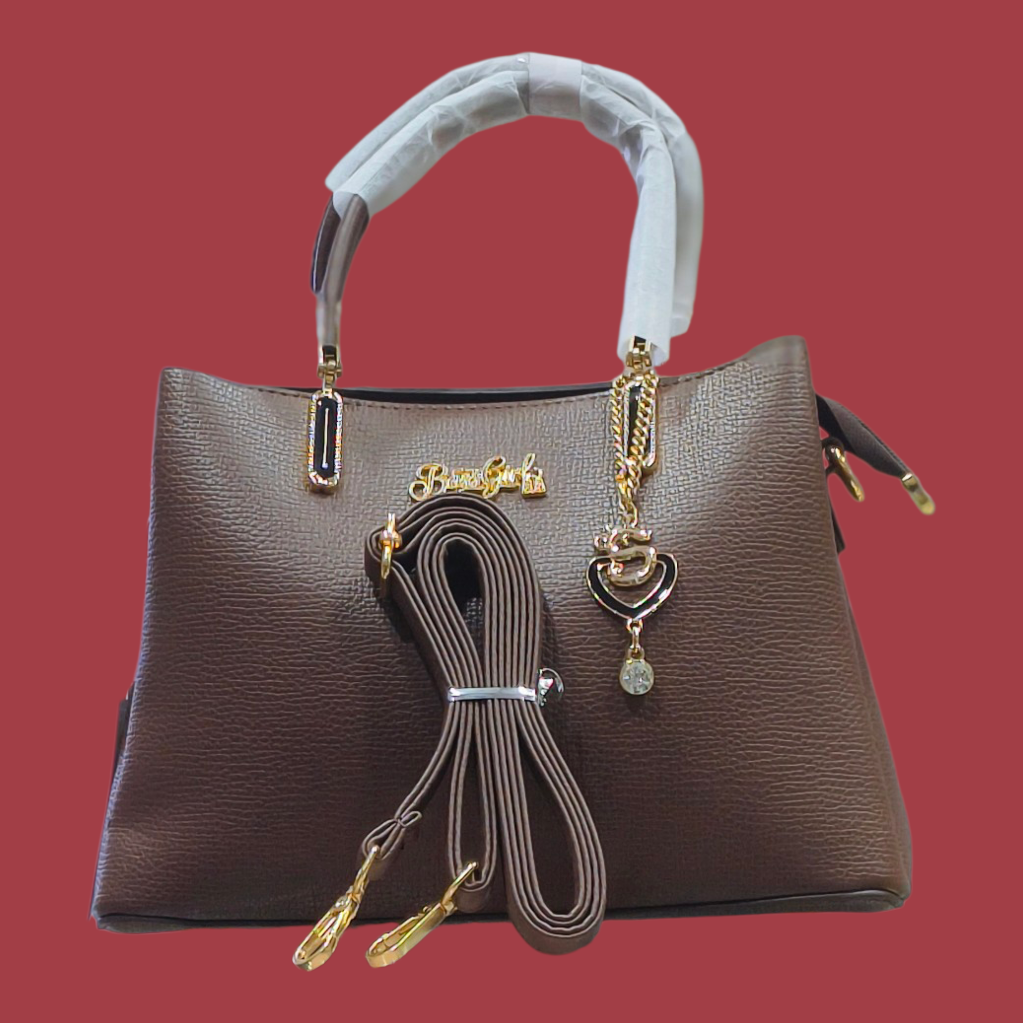 Brown Stylish Handbag with Chain Strap & Pendant for Women