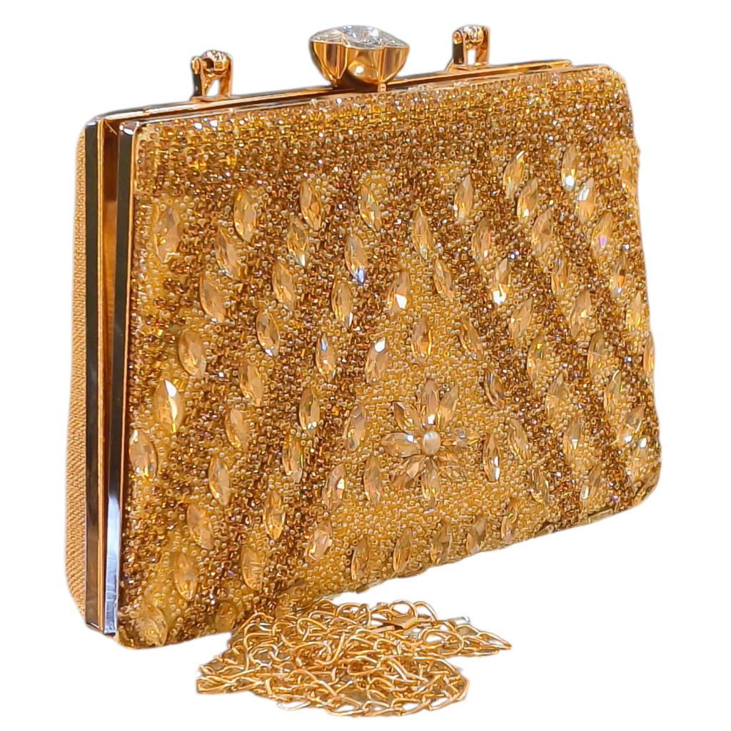 Golden Party Clutch with Crystal & Bead Work for Women