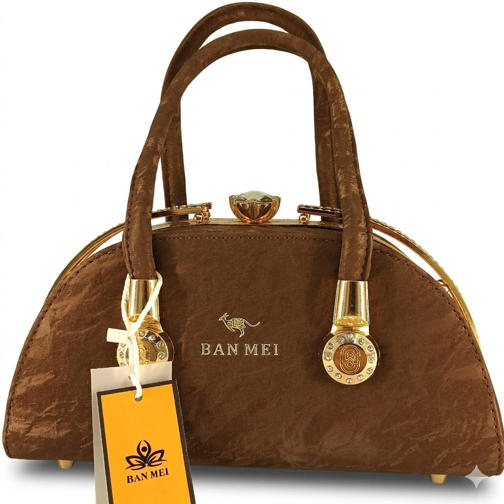 Luxury Velvet PU Handbag for Women with Crystal Clasp – Brown