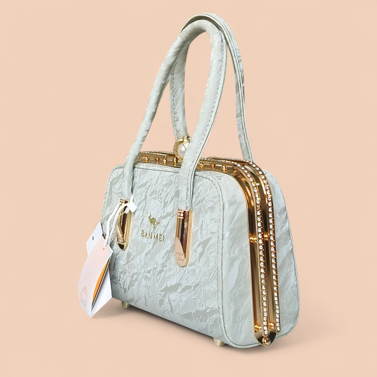 Elegant Pink Faux Leather Handbag with Lace Overlay & Pearl Lock for Women