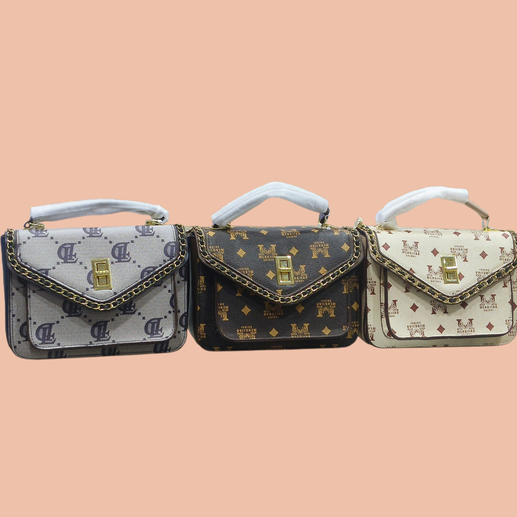 Monogram Print Sling Bag With Gold Clasp Detailing