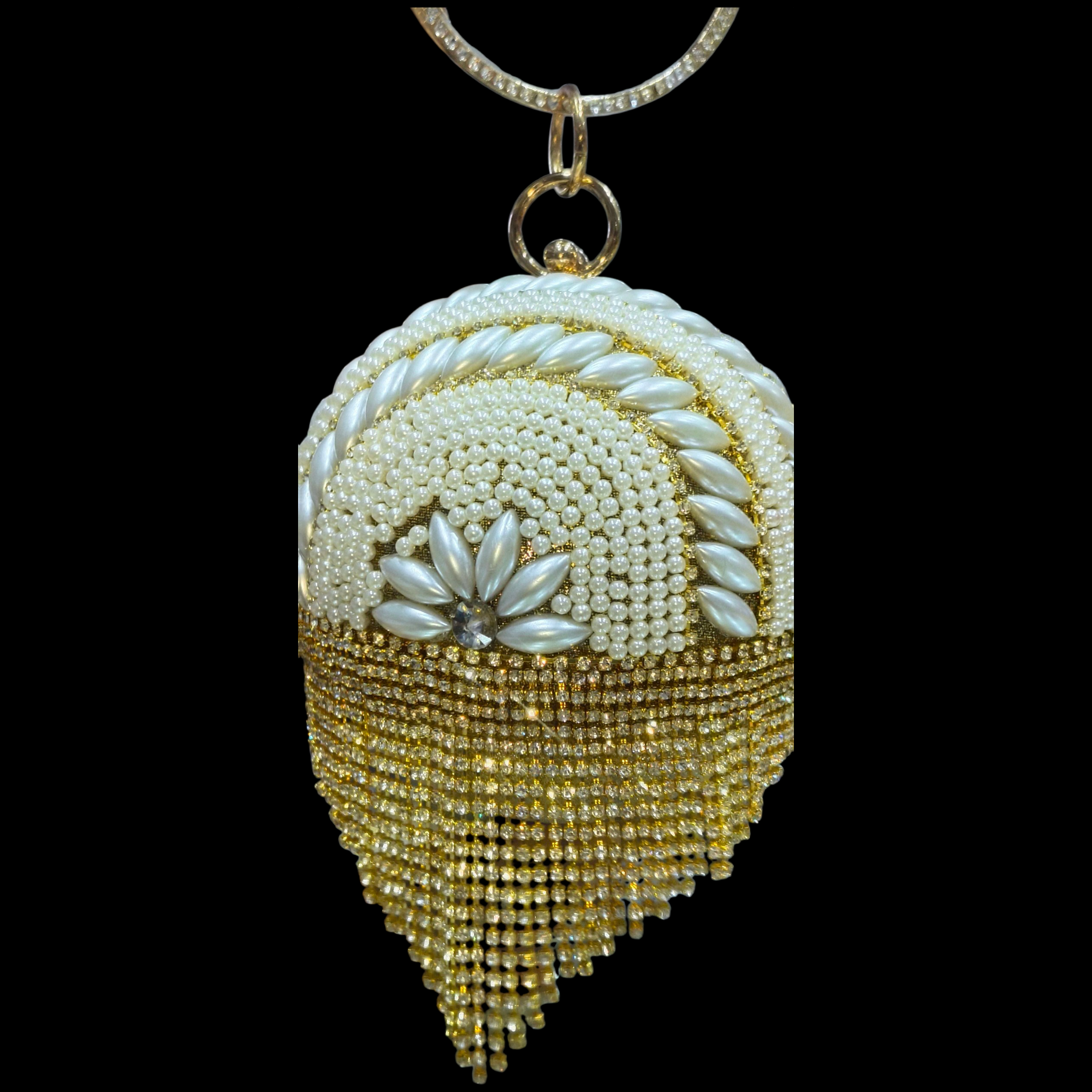 Pearl Embellished Circular Bridal Clutch With Crystal Hoop Handle