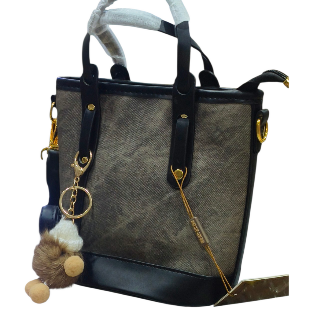 Beige Canvas Handbag with Keychain Charm for Women
