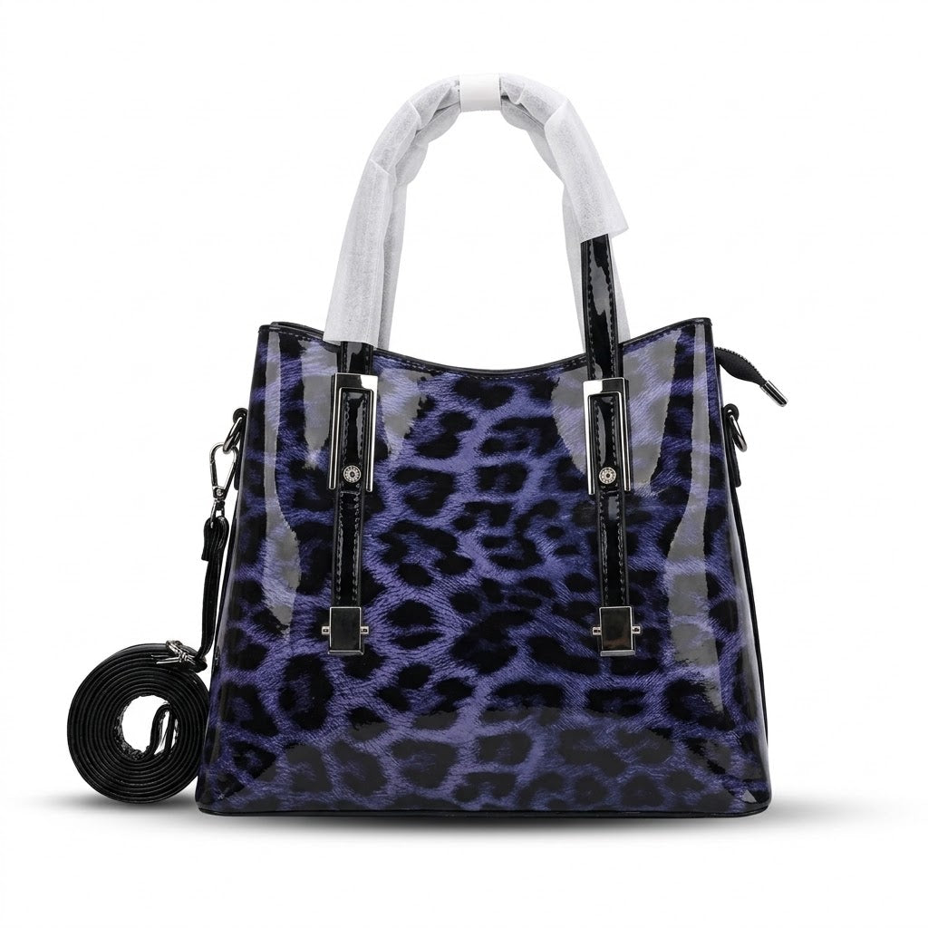 Purple Black Leopard Print Tote Bag for Women with Strap & Zip Closure