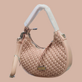 light pink, woven-textured
shoulder bag with a silver-toned metal