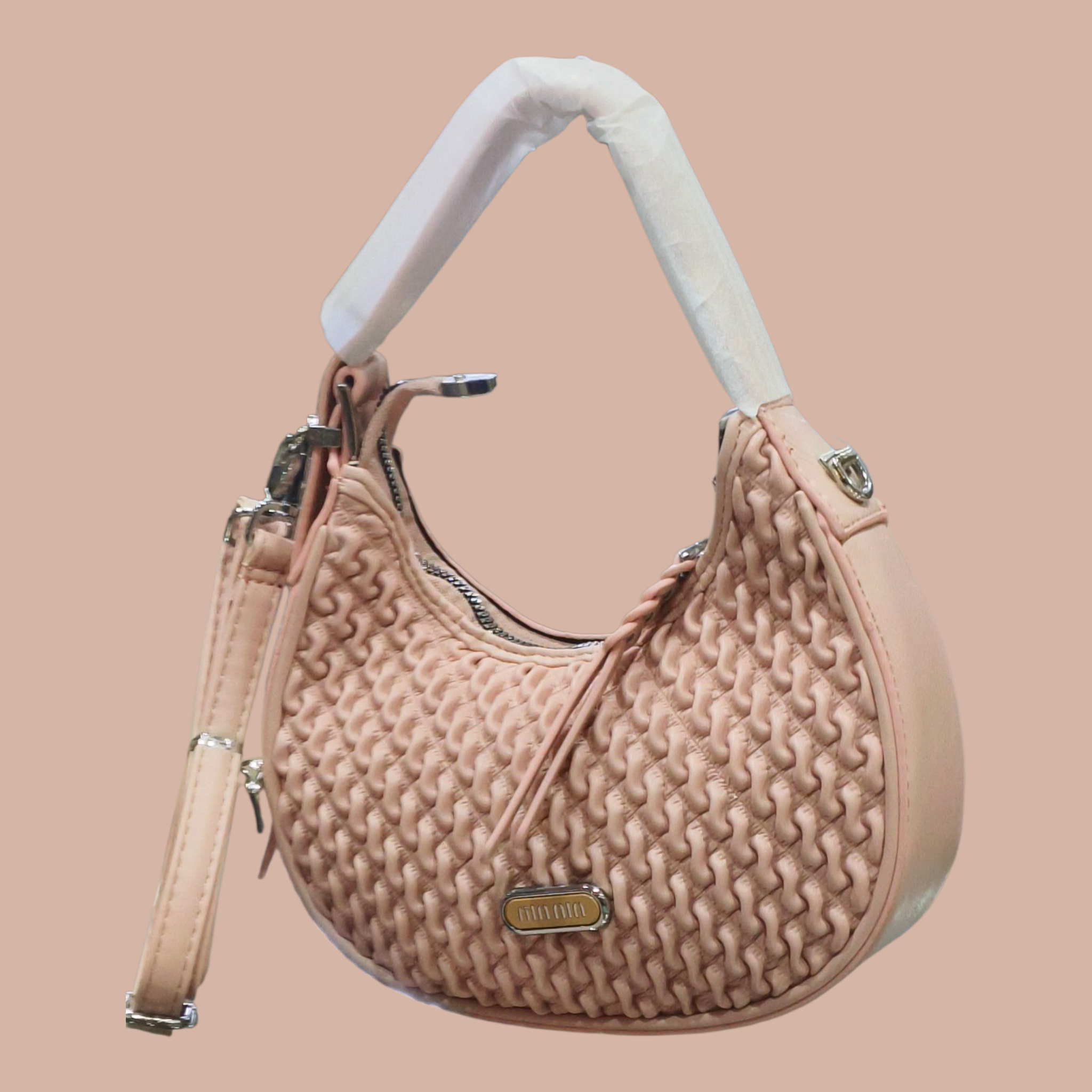 light pink, woven-textured
shoulder bag with a silver-toned metal