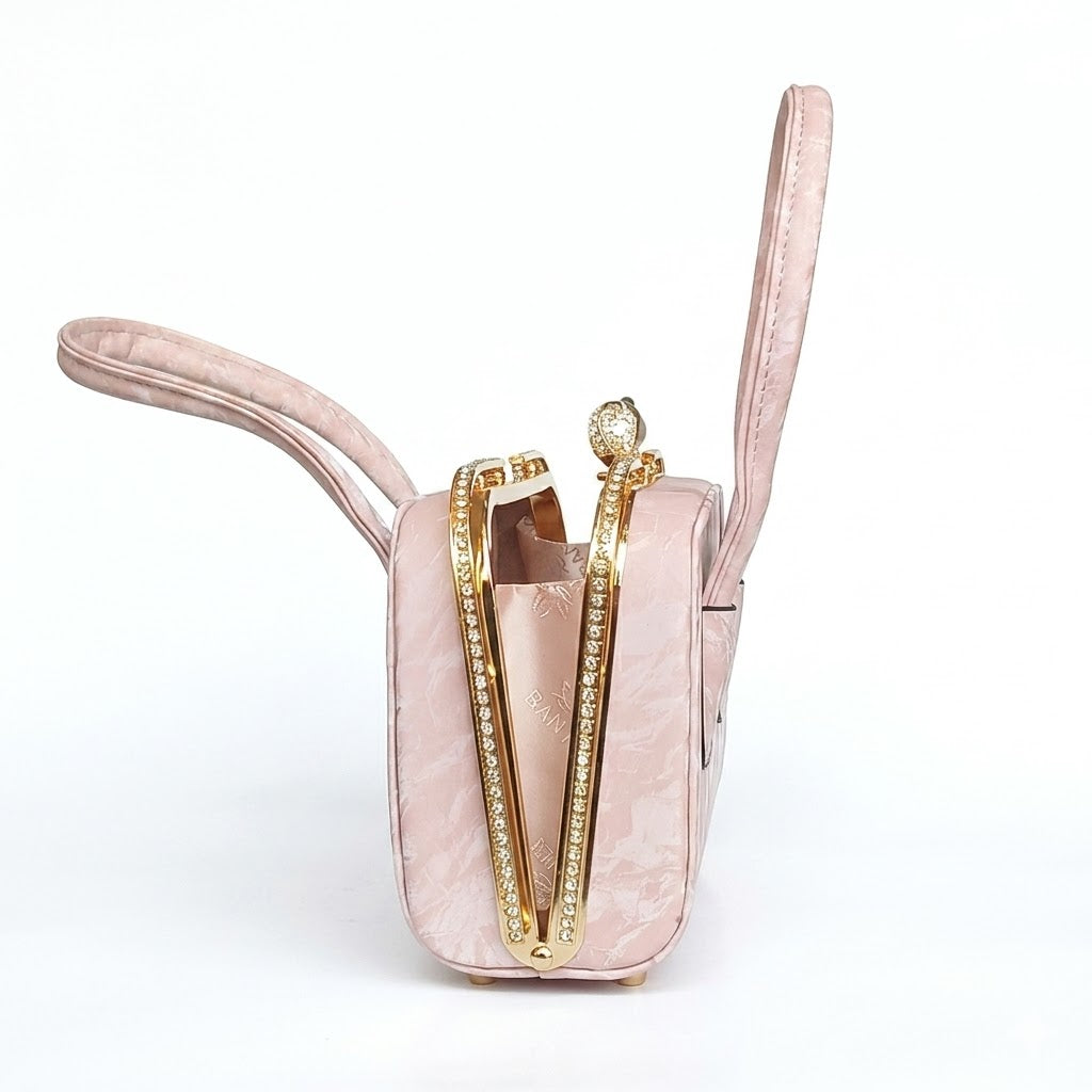 Elegant Pink Faux Leather Handbag with Lace Overlay & Pearl Lock for Women