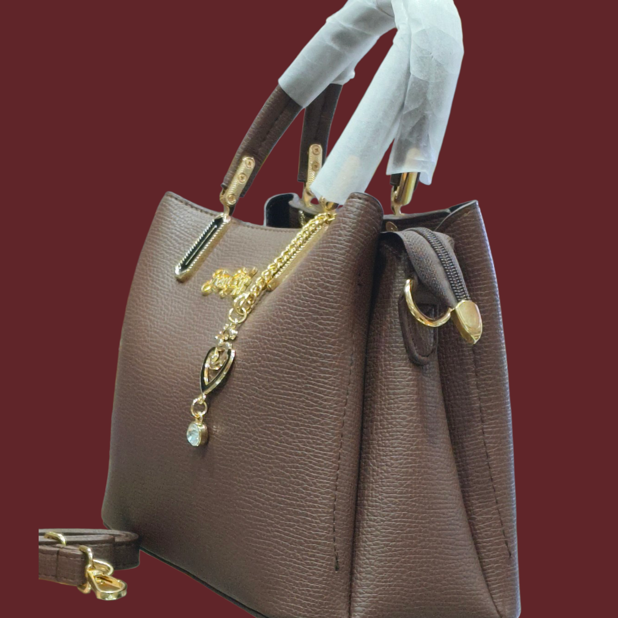 Brown Stylish Handbag with Chain Strap & Pendant for Women