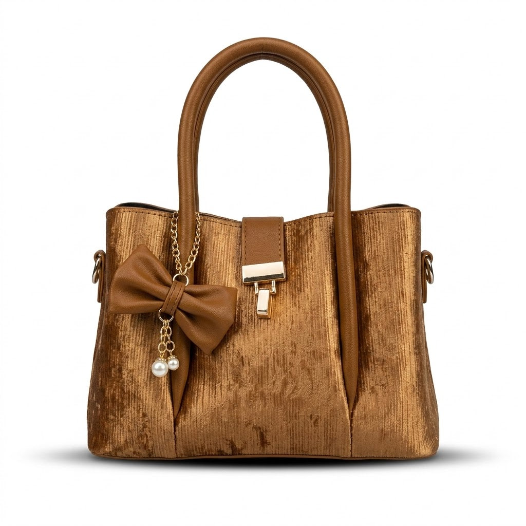 Elegant Copper Textured PU Leather Handbag for Women with Bow Charm & Zip Closure