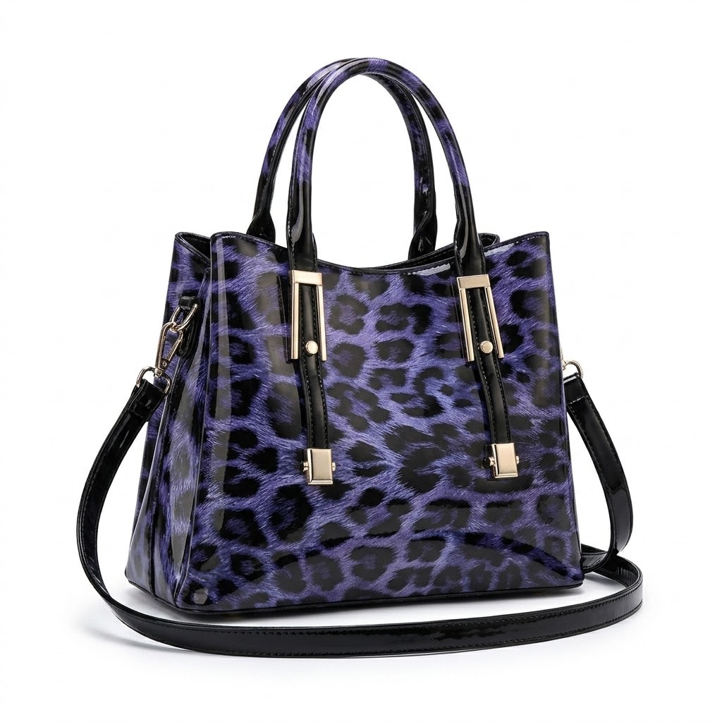 Purple Black Leopard Print Tote Bag for Women with Strap & Zip Closure