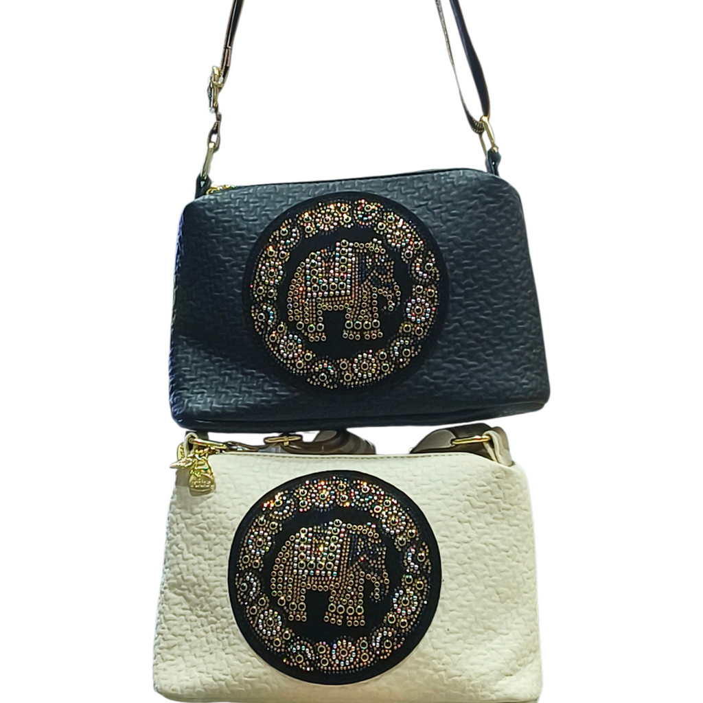 White Quilted Sling Handbag with Rhinestone Detail for Women